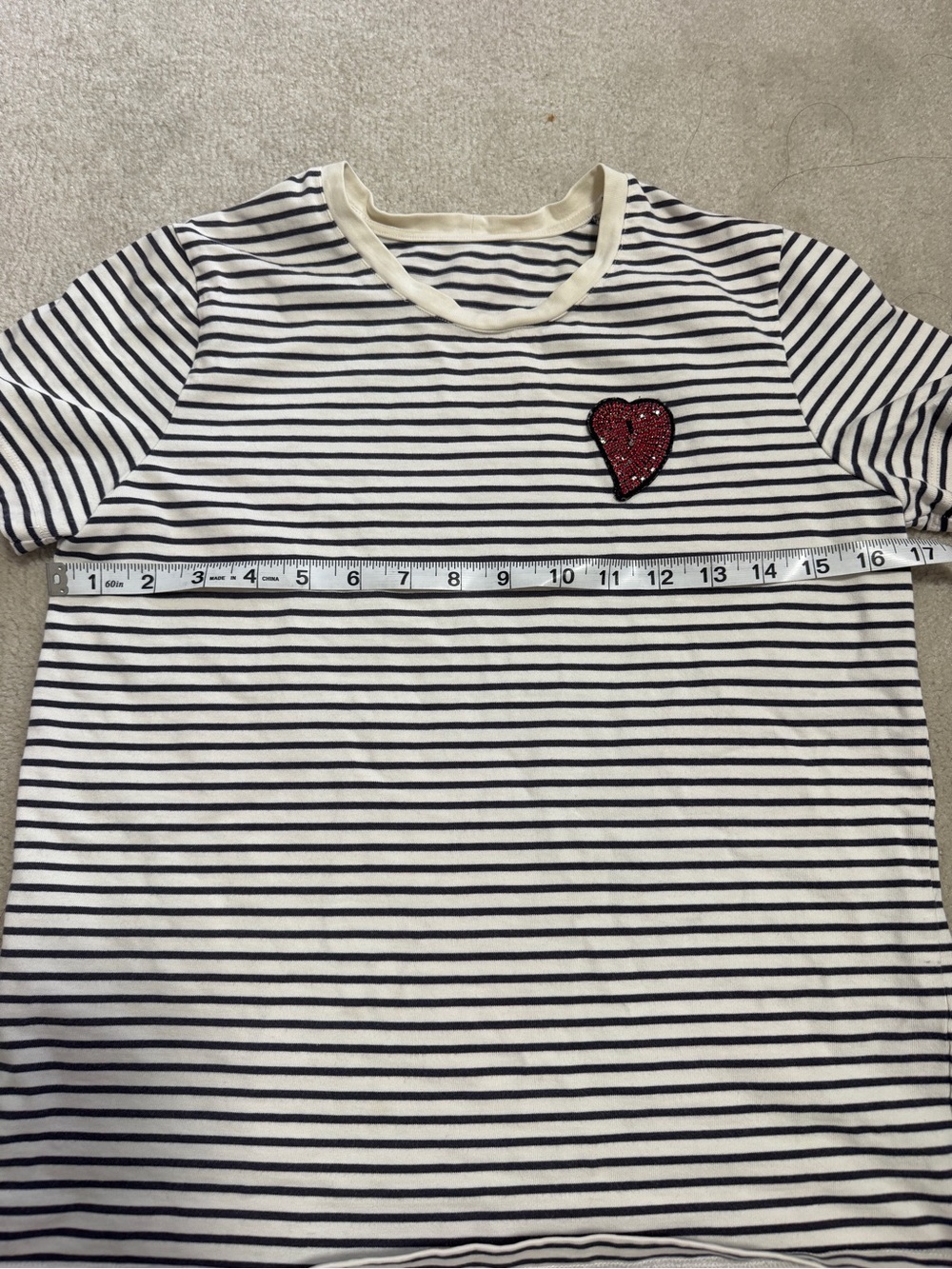 Maje Black & White Striped Tee with Red Sequin Heart Patch